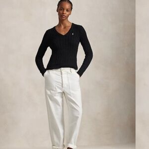 Ralph Lauren Cable-Knit Cotton V-Neck Sweater - Black, Size S